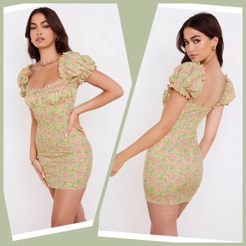 House of CB Pastel Floral Puff-Sleeve Mini Dress - Picture 2 of 7
